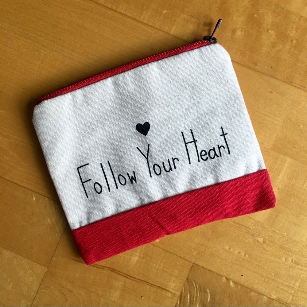 “Follow Your Heart” Cosmetic, Makeup, Travel Canvas Bag, Red, Ivory, Black